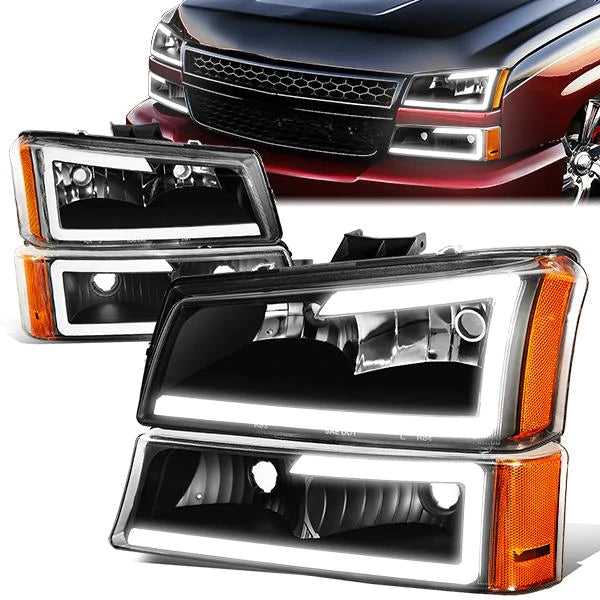 DNA Motoring, DNA Projector Headlights Chevy Avalanche (03-06) w/ DRL LED Bar - Black or Chrome