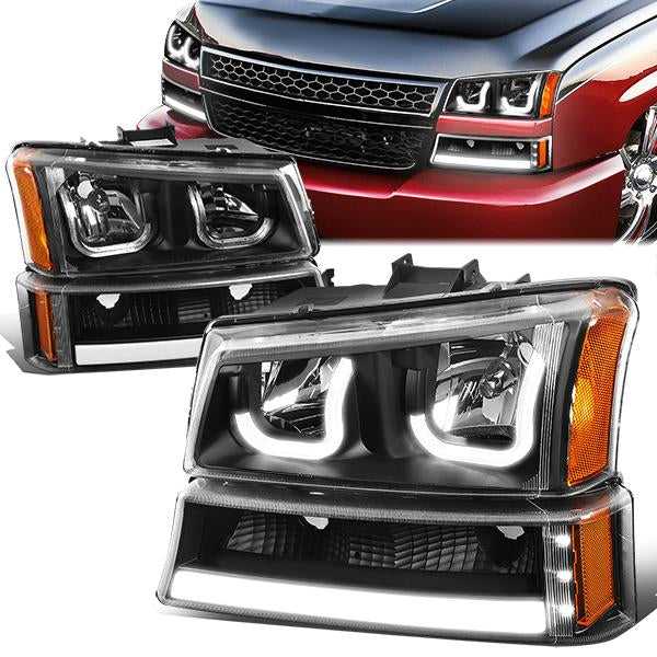 DNA Motoring, DNA Projector Headlights Chevy Avalanche (03-06) w/ Double J-Shaped LED DRL + Bumper Lamps - Black or Chrome