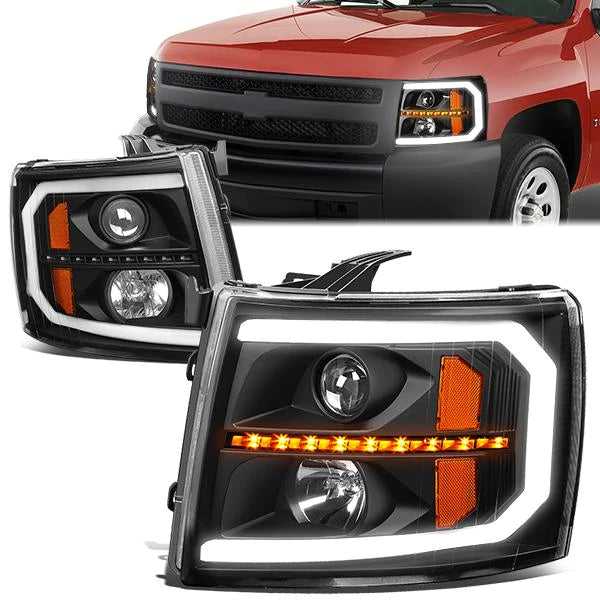 DNA Motoring, DNA Projector Headlights Chevy Silverado (07-14) w/ DRL + Sequential LED Turn Signal - Black or Chrome