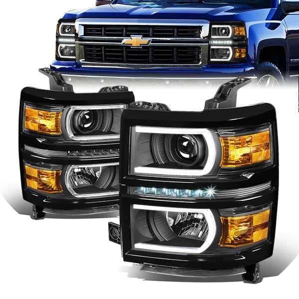 DNA Motoring, DNA Projector Headlights Chevy Silverado 1500 (14-15) w/ DRL LED Bar - Black or Chrome