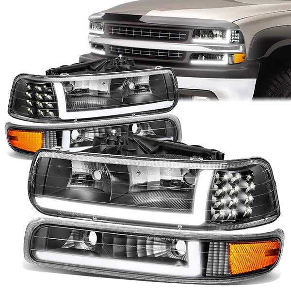 DNA Motoring, DNA Projector Headlights Chevy Silverado (99-02) w/ DRL LED Bar - Black or Chrome