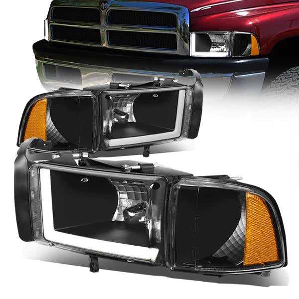 DNA Motoring, DNA Projector Headlights Dodge Ram 1500 2500 3500 (94-02) w/ DRL LED Bar - Black or Chrome