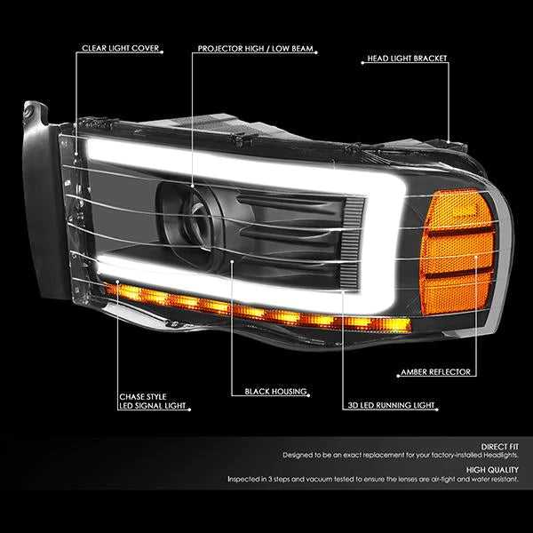 DNA Motoring, DNA Projector Headlights Dodge Ram 1500/2500/3500 (02-05) w/ DRL LED Bar - Black Housing