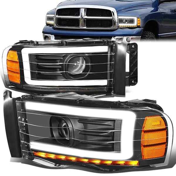 DNA Motoring, DNA Projector Headlights Dodge Ram 1500/2500/3500 (02-05) w/ DRL LED Bar - Black Housing