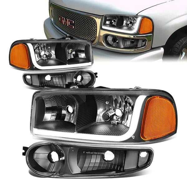 DNA Motoring, DNA Projector Headlights GMC Sierra (01-07) w/ DRL LED Bar - Black or Chrome