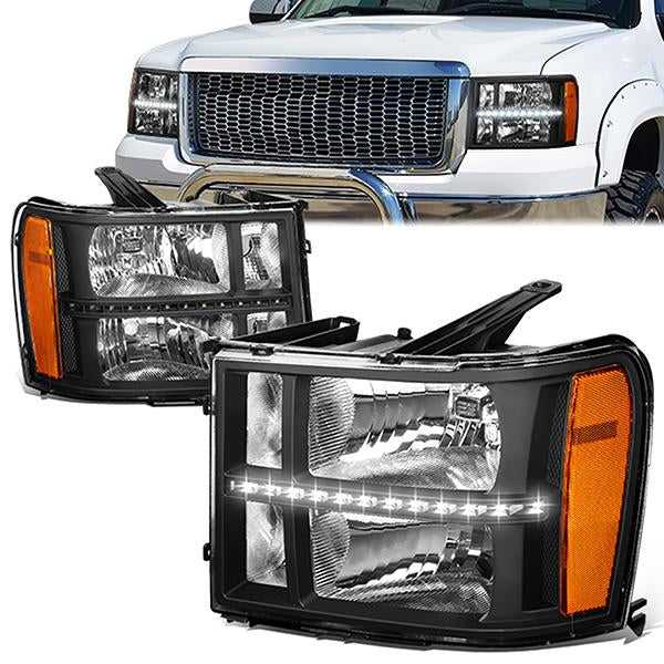 DNA Motoring, DNA Projector Headlights GMC Sierra (07-14) w/ LED DRL - Black Housing Amber Corner