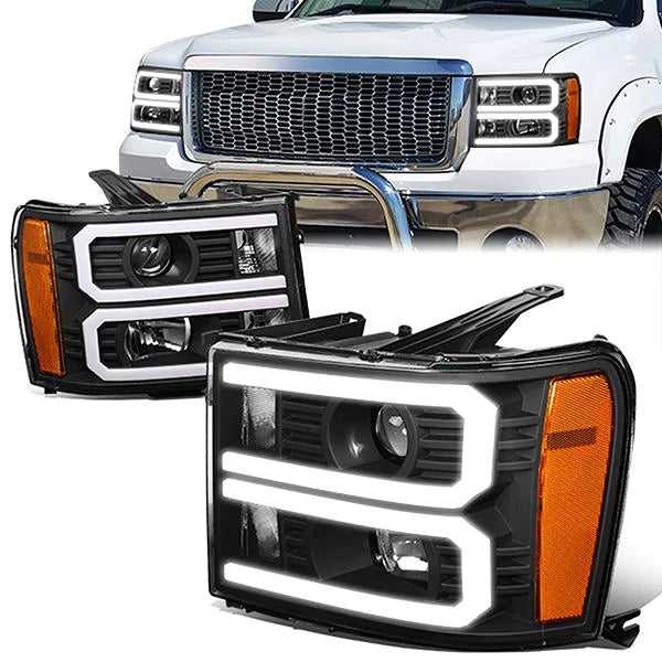 DNA Motoring, DNA Projector Headlights GMC Sierra 1500/2500/3500 (07-14) w/ DRL LED Bar - Black Housing