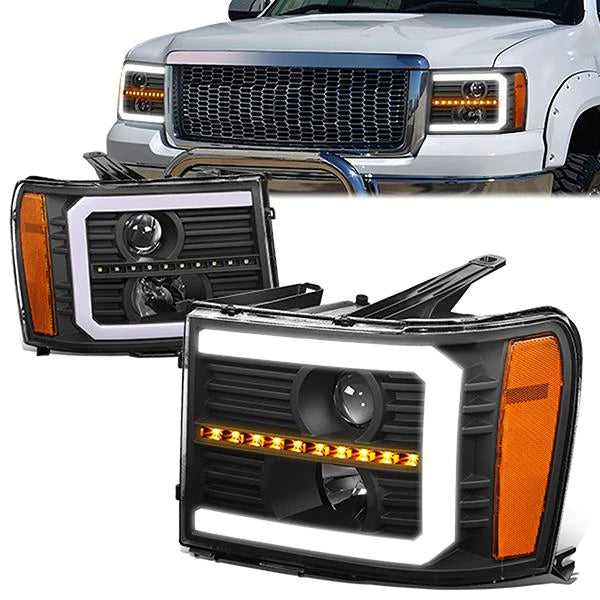 DNA Motoring, DNA Projector Headlights GMC Sierra 1500/2500/3500 (07-14) w/ DRL LED & Sequential Signal - Black Housing