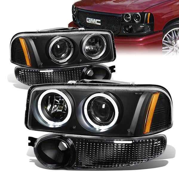 DNA Motoring, DNA Projector Headlights GMC Sierra (2002-2007) w/ LED Halo-Ring +Bumper Lamps - Black Housing