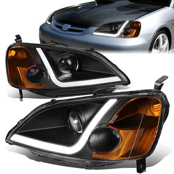 DNA Motoring, DNA Projector Headlights Honda Civic Coupe/ Sedan EM2 (01-03) w/ LED Bar - Black Housing / Clear Lens