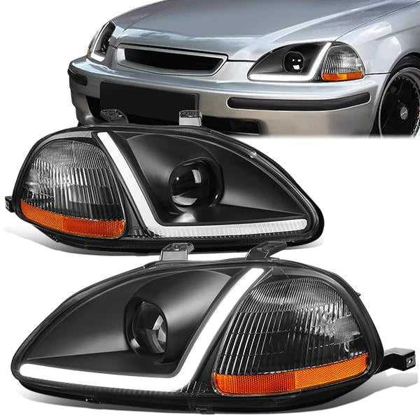 DNA Motoring, DNA Projector Headlights Honda Civic EK (96-98) w/ LED Bar - Black Housing / Clear Lens