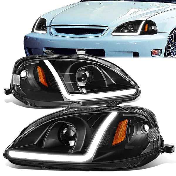 DNA Motoring, DNA Projector Headlights Honda Civic EK (99-00) w/ LED Bar - Black Housing / Clear Lens