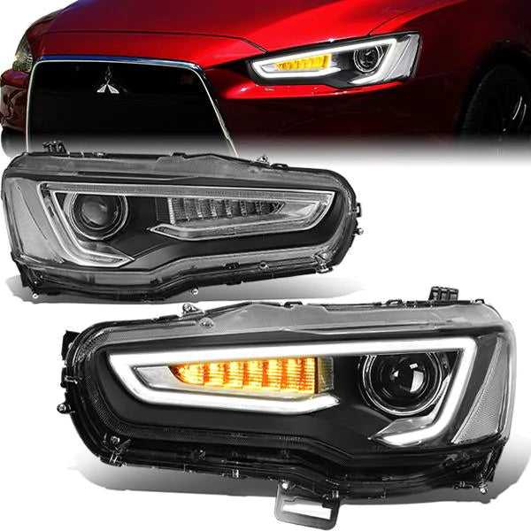 DNA Motoring, DNA Projector Headlights Mitsubishi Lancer EVO X (08-17) w/ LED Sequential Turn Signal - Black Housing