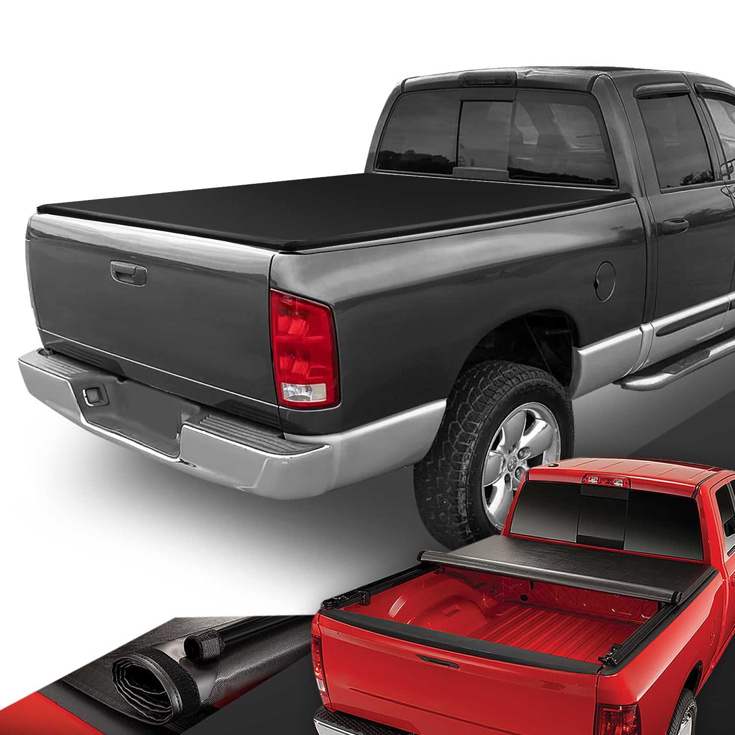 DNA Motoring, DNA Tonneau Cover Dodge Ram 1500 (2002-2018) Classic (2019-2023) 6'6" Bed Soft Roll-Up - Black